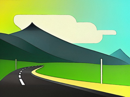 Road between mountains illustration, freedom journey digital art backgroundの写真素材
