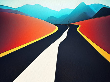 Road between mountains illustration, freedom journey digital art background