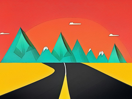 Road between mountains illustration, freedom journey digital art backgroundの写真素材