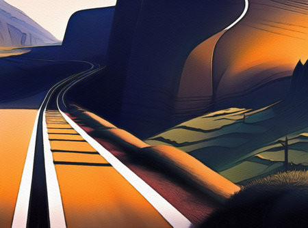 Road between mountains illustration, freedom journey digital art backgroundの写真素材