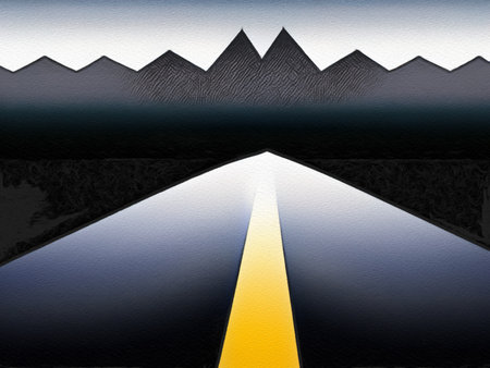 Road between mountains illustration, freedom journey digital art backgroundの写真素材