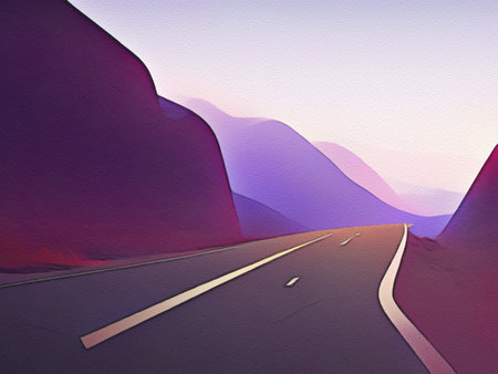 Road between mountains illustration, freedom journey digital art background