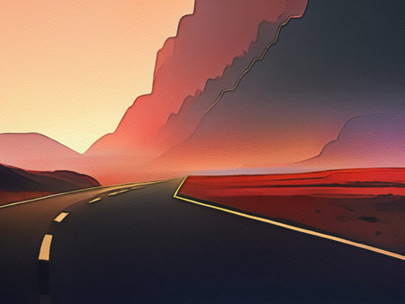 Road between mountains illustration, freedom journey digital art backgroundの写真素材