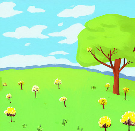 Digital painting illustration of spring or summer beautiful landscape. Rural motifs, ecology, nature.の写真素材