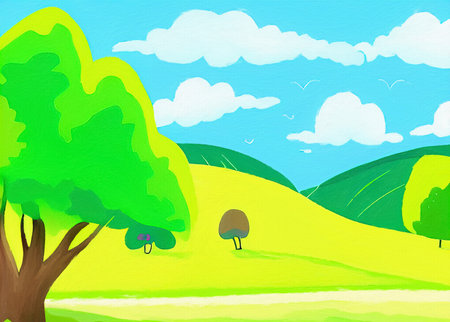 Digital painting illustration of spring or summer beautiful landscape. Rural motifs, ecology, nature.の写真素材