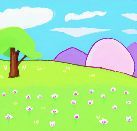 Digital painting illustration of spring or summer beautiful landscape. Rural motifs, ecology, nature.の写真素材