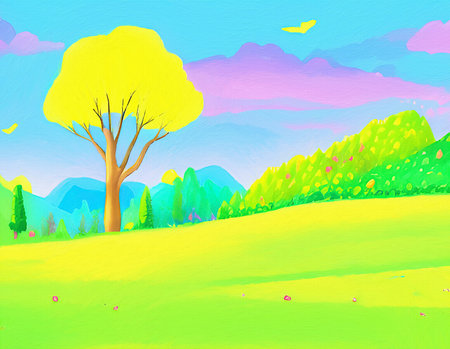 Digital painting illustration of spring or summer beautiful landscape. Rural motifs, ecology, nature.の写真素材