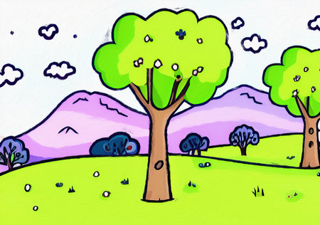 Digital painting illustration of spring or summer beautiful landscape. Rural motifs, ecology, nature.の写真素材