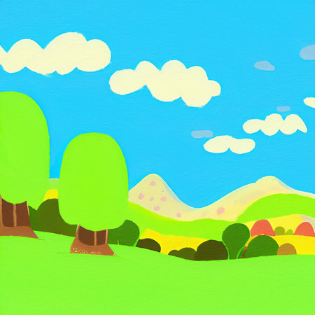 Digital painting illustration of spring or summer beautiful landscape. Rural motifs, ecology, nature.の写真素材