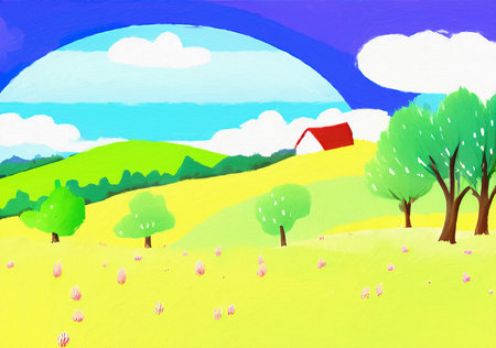 Digital painting illustration of spring or summer beautiful landscape. Rural motifs, ecology, nature.の写真素材