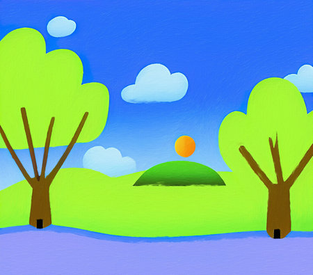 Digital painting illustration of spring or summer beautiful landscape. Rural motifs, ecology, nature.の写真素材