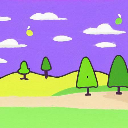 Digital painting illustration of spring or summer beautiful landscape. Rural motifs, ecology, nature.の写真素材