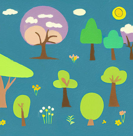 Digital painting illustration of spring or summer beautiful landscape. Rural motifs, ecology, nature.の写真素材