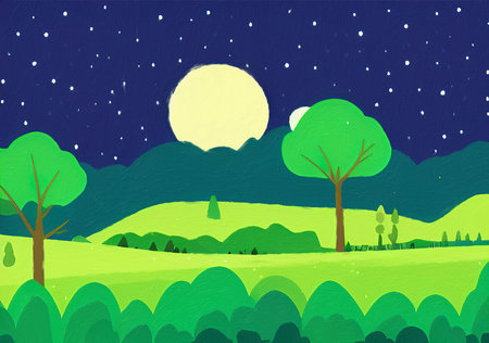 Digital painting illustration of spring or summer beautiful landscape. Rural motifs, ecology, nature.の写真素材