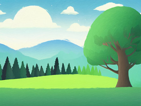 Digital painting illustration of spring or summer beautiful landscape. Rural motifs, ecology, nature.の写真素材