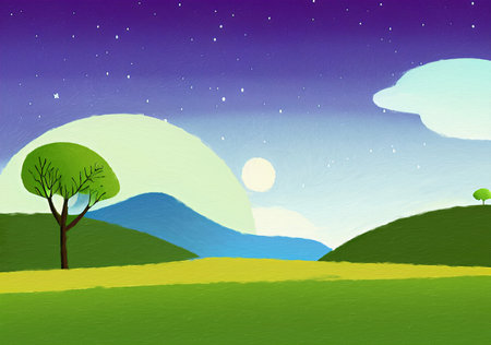 Digital painting illustration of spring or summer beautiful landscape. Rural motifs, ecology, nature.の写真素材