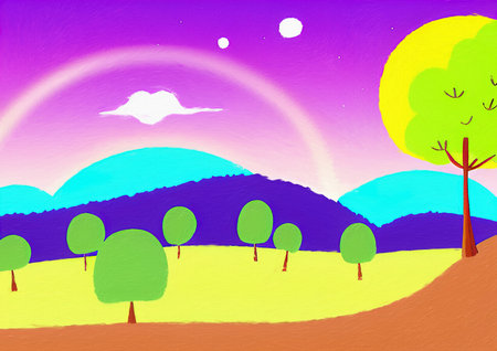 Digital painting illustration of spring or summer beautiful landscape. Rural motifs, ecology, nature.の写真素材