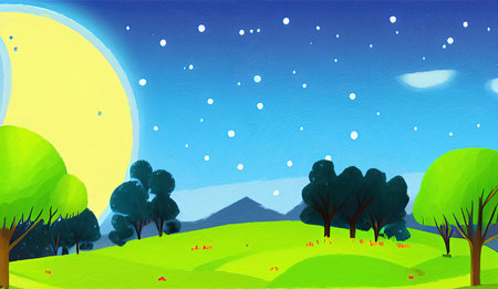 Digital painting illustration of spring or summer beautiful landscape. Rural motifs, ecology, nature.の写真素材