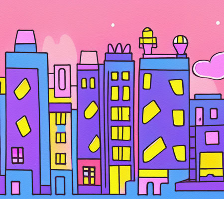 Night city illustration. Digital painting art of cartoon city at night. Trendy print or design backgroundの写真素材