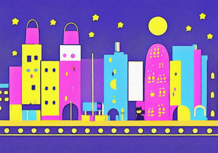 Night city illustration. Digital painting art of cartoon city at night. Trendy print or design backgroundの写真素材