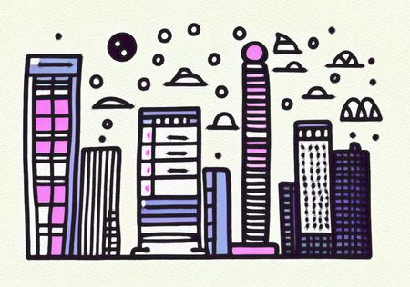 Night city illustration. Digital painting art of cartoon city at night. Trendy print or design backgroundの写真素材
