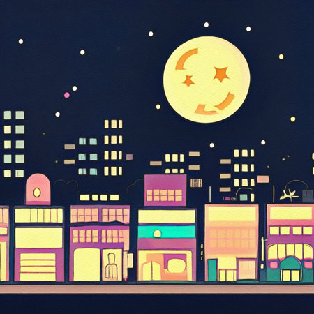 Night city illustration. Digital painting art of cartoon city at night. Trendy print or design backgroundの写真素材
