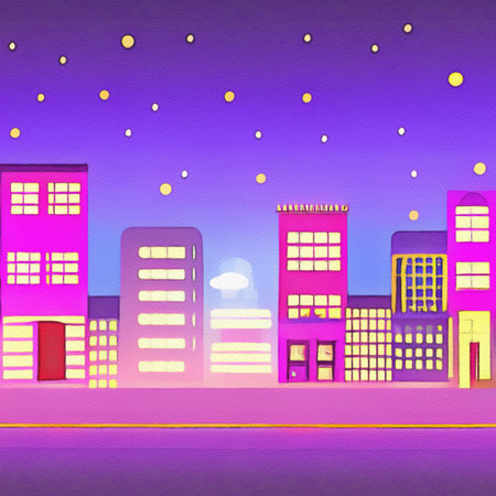 Night city illustration. Digital painting art of cartoon city at night. Trendy print or design backgroundの写真素材