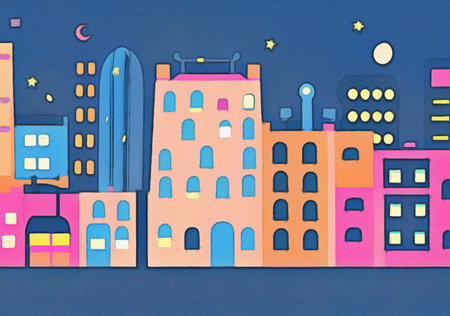 Night city illustration. Digital painting art of cartoon city at night. Trendy print or design backgroundの写真素材