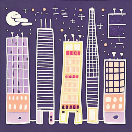 Night city illustration. Digital painting art of cartoon city at night. Trendy print or design backgroundの写真素材