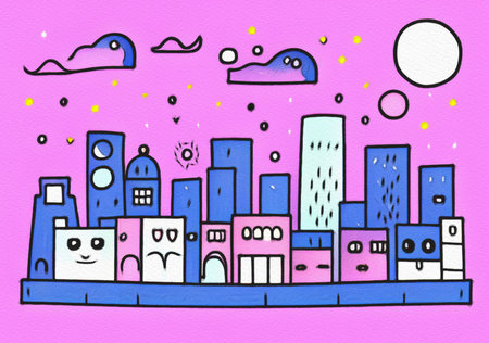 Night city illustration. Digital painting art of cartoon city at night. Trendy print or design backgroundの写真素材
