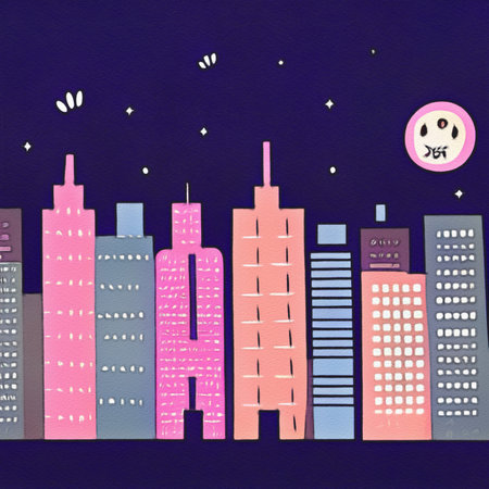 Night city illustration. Digital painting art of cartoon city at night. Trendy print or design backgroundの写真素材