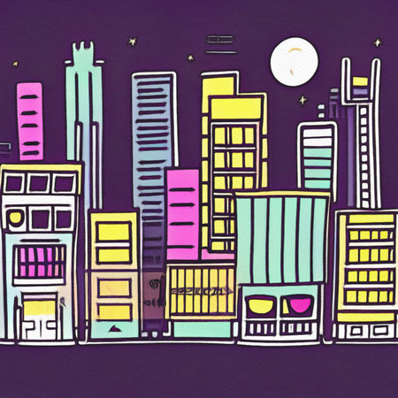 Night city illustration. Digital painting art of cartoon city at night. Trendy print or design backgroundの写真素材