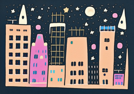 Night city illustration. Digital painting art of cartoon city at night. Trendy print or design backgroundの写真素材