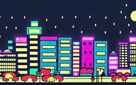 Night city illustration. Digital painting art of cartoon city at night. Trendy print or design backgroundの写真素材