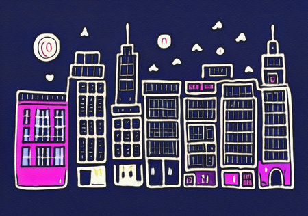 Night city illustration. Digital painting art of cartoon city at night. Trendy print or design backgroundの写真素材