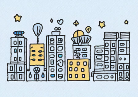 Night city illustration. Digital painting art of cartoon city at night. Trendy print or design backgroundの写真素材