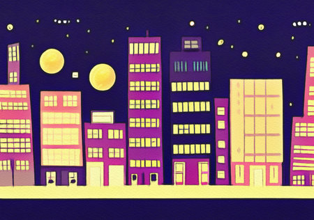 Night city illustration. Digital painting art of cartoon city at night. Trendy print or design backgroundの写真素材