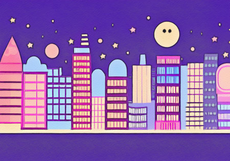 Night city illustration. Digital painting art of cartoon city at night. Trendy print or design backgroundの写真素材