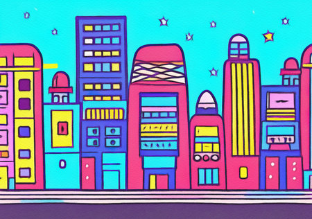 Night city illustration. Digital painting art of cartoon city at night. Trendy print or design backgroundの写真素材