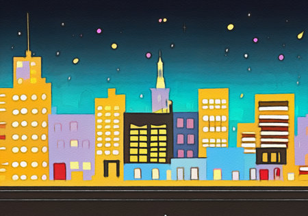 Night city illustration. Digital painting art of cartoon city at night. Trendy print or design backgroundの写真素材