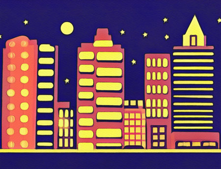 Night city illustration. Digital painting art of cartoon city at night. Trendy print or design backgroundの写真素材