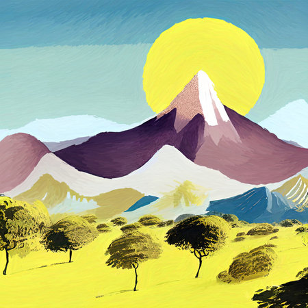 Digital painting warm luxury landscape with golden color and gold lines, elements. Watercolor and pencil graphic drawing, design background. Good as print for canvas, wall decoratiの写真素材