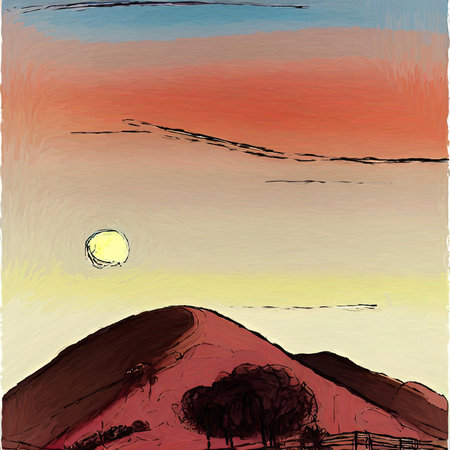 Digital painting warm luxury landscape with golden color and gold lines, elements. Watercolor and pencil graphic drawing, design background. Good as print for canvas, wallの写真素材