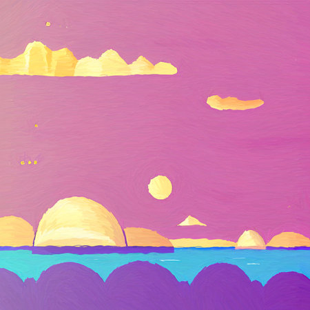 Digital art painting - sea and mountains tropical landscape. Simple forms illustration. Graphic drawing paradise resort in pastel colors.の写真素材