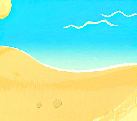 Digital art painting - sea and mountains tropical landscape. Simple forms illustration. Graphic drawing paradise resort in pastel colors.の写真素材