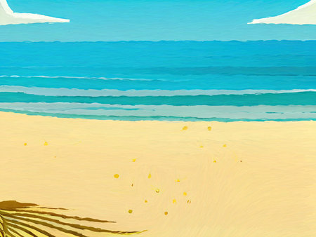 Digital art painting - sea and mountains tropical landscape. Simple forms illustration. Graphic drawing paradise resort in pastel colors.の写真素材