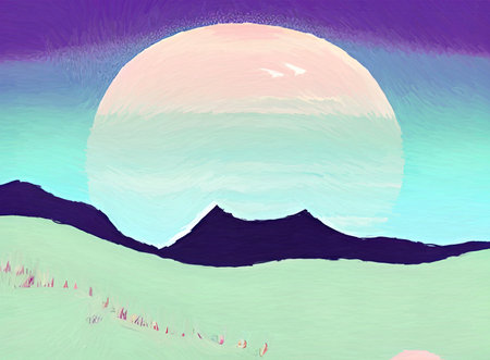 Digital art painting - sea and mountains tropical landscape. Simple forms illustration. Graphic drawing paradise resort in pastel colors.の写真素材