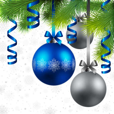 christmas background with fir, blue and silver baublesのイラスト素材