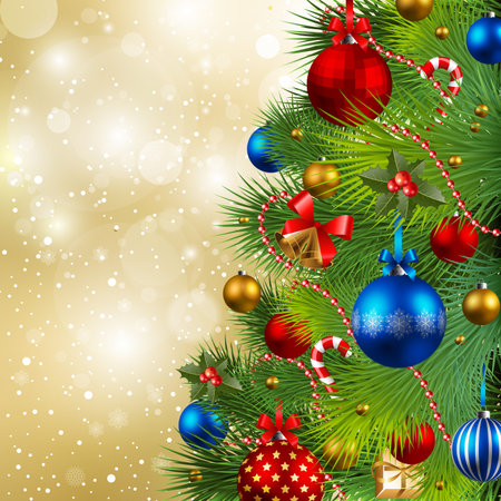 christmas background with red, golden and blue baubles on christmas treeのイラスト素材