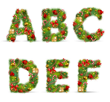 ABCDEF, vector christmas tree font with green fir and baublestのイラスト素材